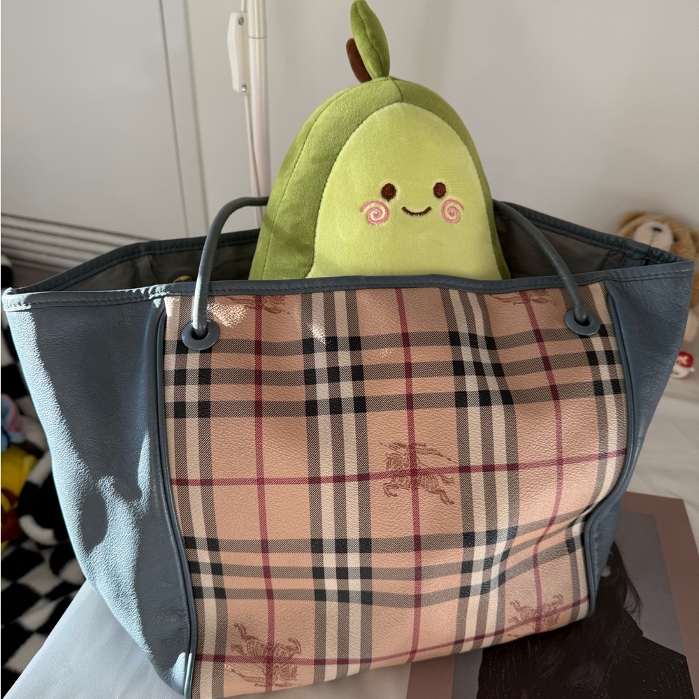 Burberry Beige Plaid Tote with Blue Trim